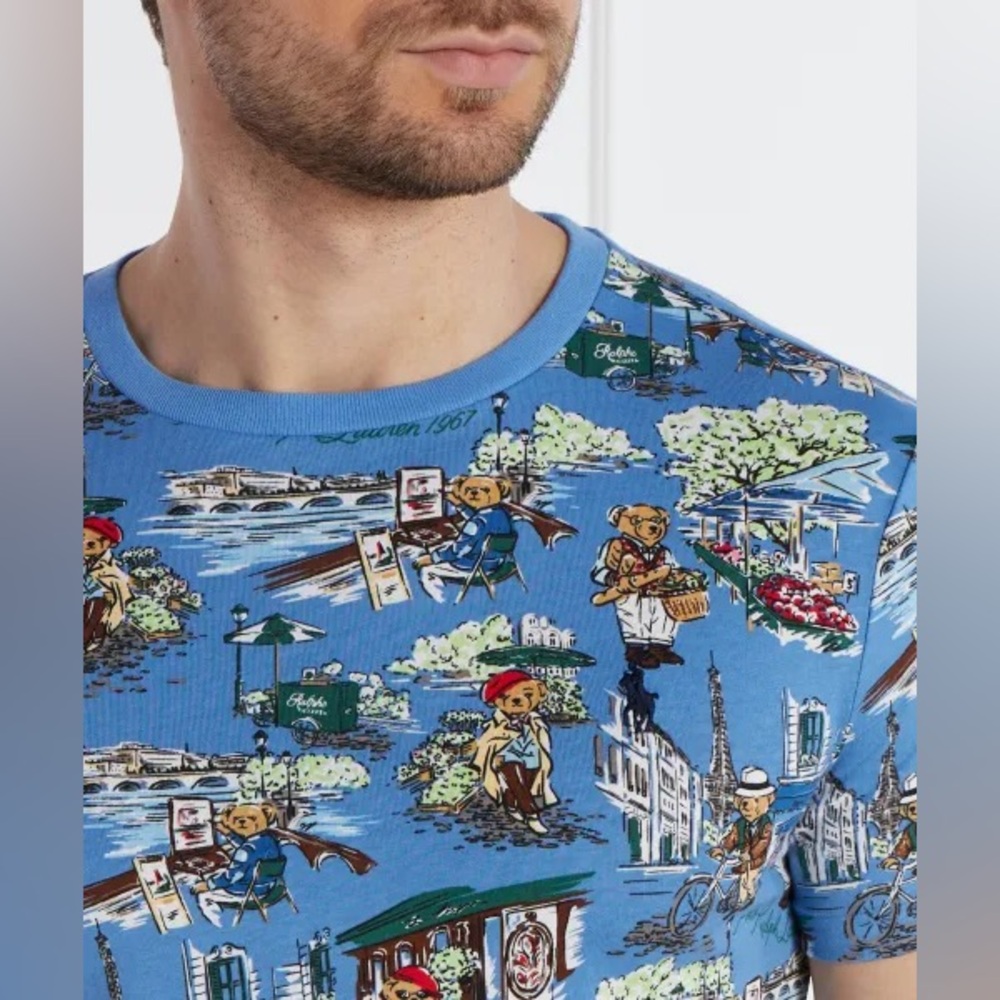 RALPH LAUREN Polo Bear Paris Print Tee Blue Size M - Picture 2 of 8